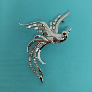 VTG Crown Trifari 1950 Signed 159923 Alfred Philippe Silver Baguette Bird Brooch